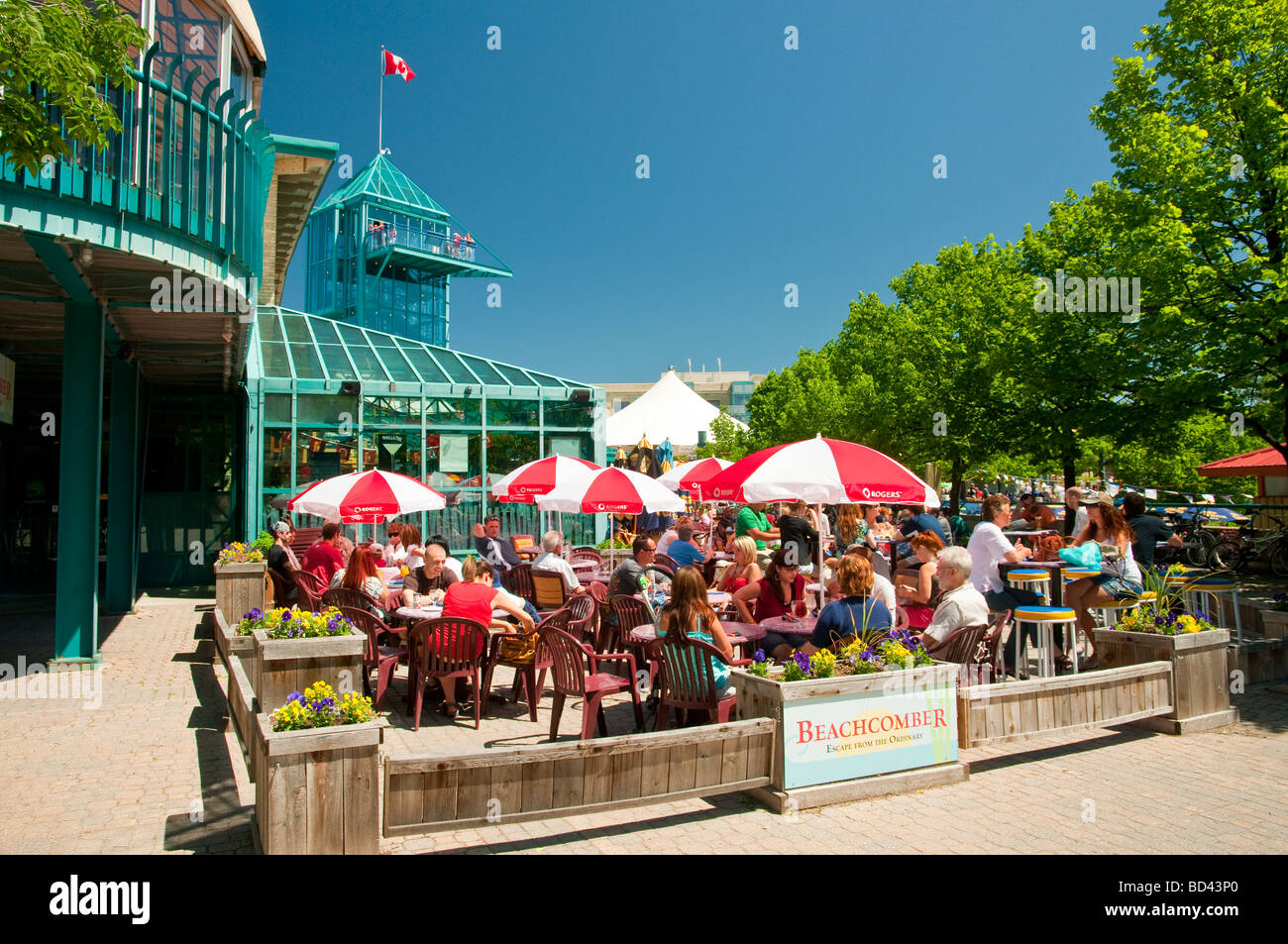 People eating at an outdoor restaurant at The Forks in Winnipeg Manitoba Canada Stock Photo