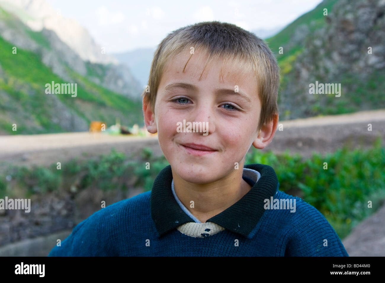 Tajik Boy near Khaburabot or Saghirdasht Pass near Khorog Tajikistan Stock Photo