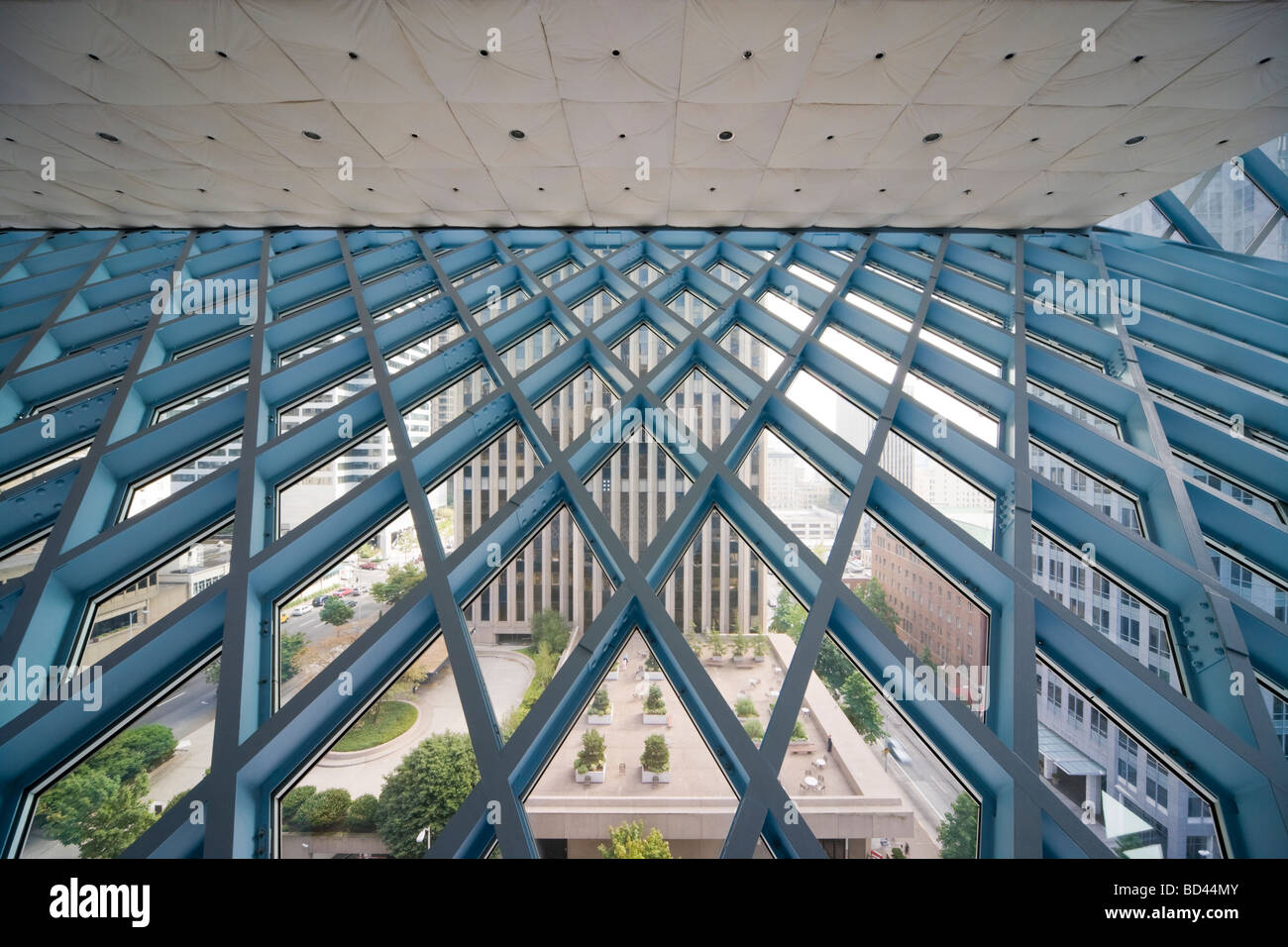 Seattle Central Library interior. View from level 10 through steel construction. Stock Photo