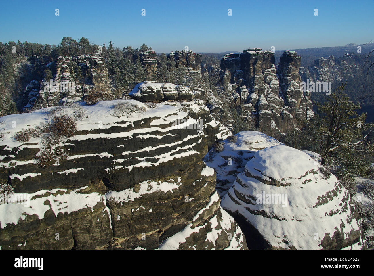 Basteigebiet Felsen Bastei area rocks 01 Stock Photo