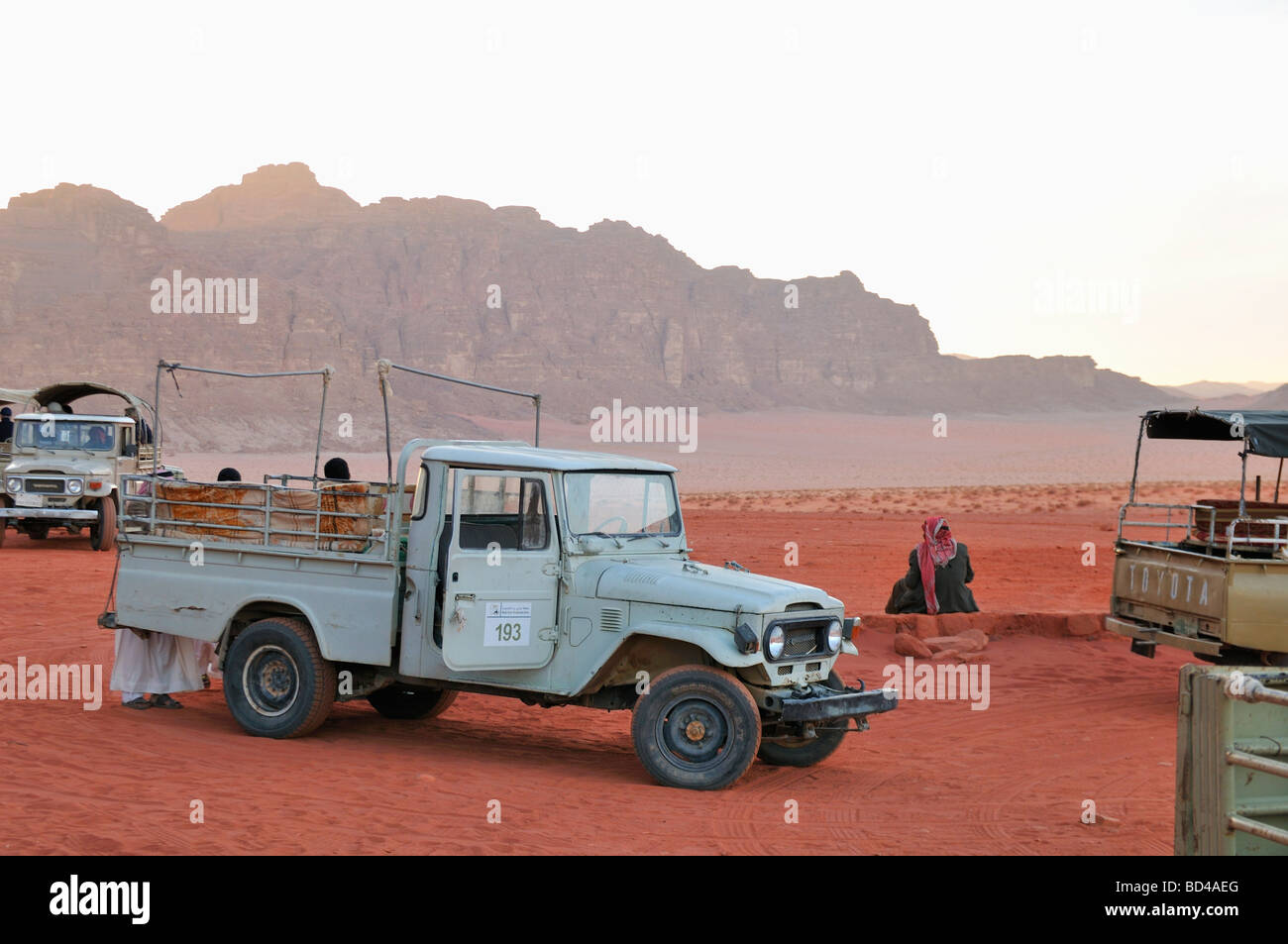 Off road vehicles in Wadi Rum valley Jordan Stock Photo