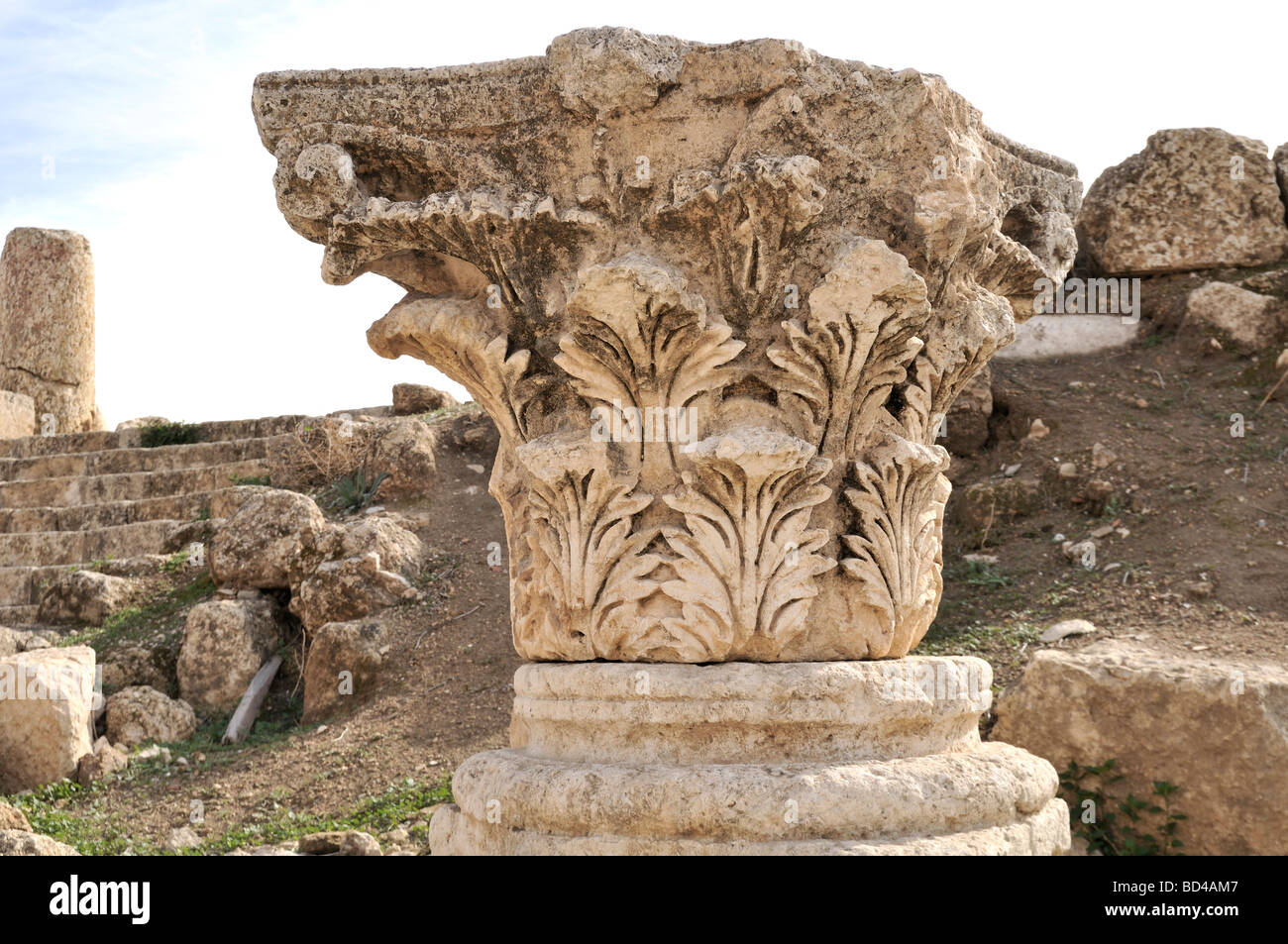 Acanthus plant decoration on a column in Jerash Jordan Stock Photo
