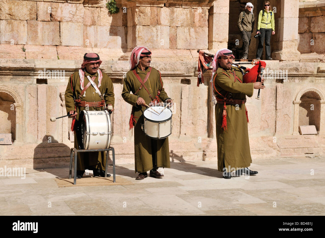 Jordanian soldiers playing drums and bagpipes by the South Theatre in