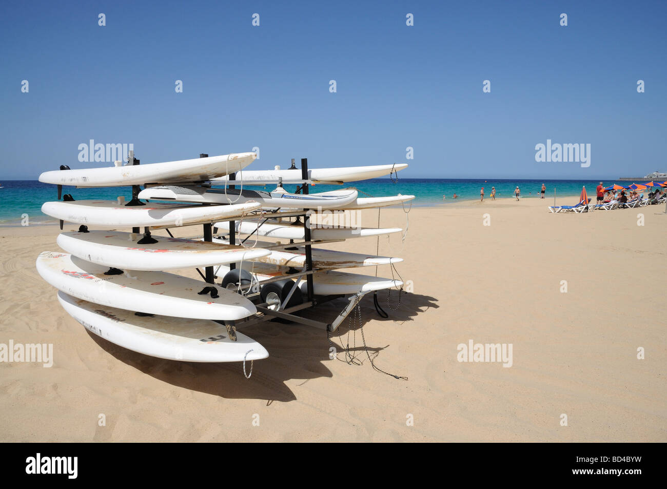 Surfing boards on the beach of Morro Jable. Canary Island Fuerteventura, Spain Stock Photo