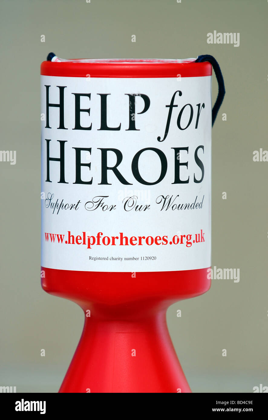Collection box for the charity Help for Heroes, supporting wounded military personnel, Hampshire, UK. Stock Photo