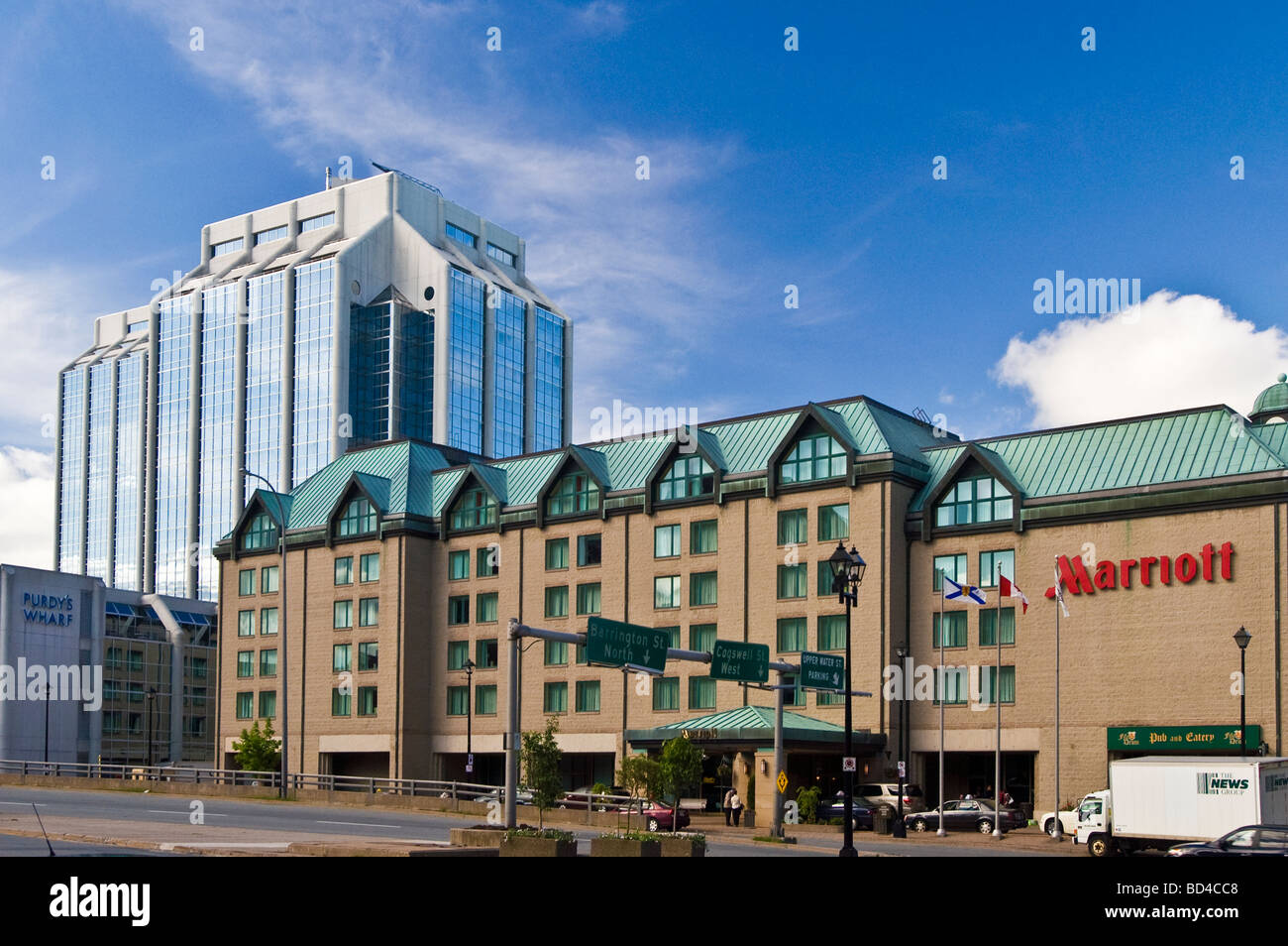 Marriott Hotel and Purdy's Wharf twin towers offices in Halifax waterfront, Nova Scotia, Canada Stock Photo