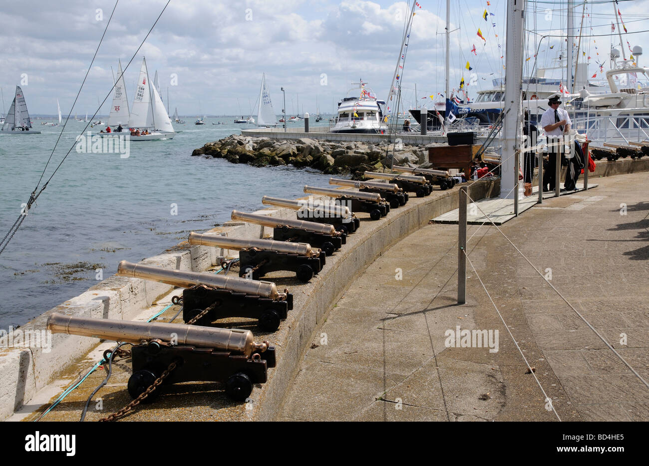RYS yacht race starting cannons on the Cowes town shore England UK Stock Photo