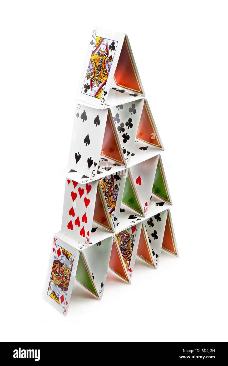 Front view on a 4 layer house of cards Stock Photo