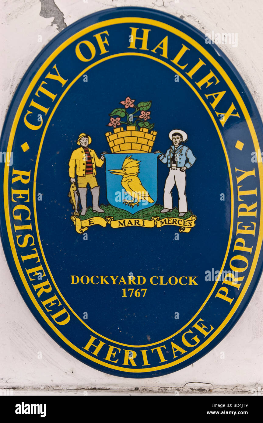 Dockyard Clock 1767 City Of Halifax, Registered Heritage Property sign, Nova Scotia, Canada Stock Photo