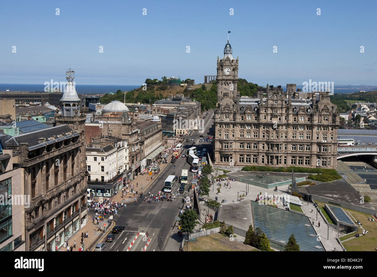 View from Scotts Monument looking down Princess Street towards the Balmoral Hotel and Calton Hill in Edinburgh Scotland Stock Photo