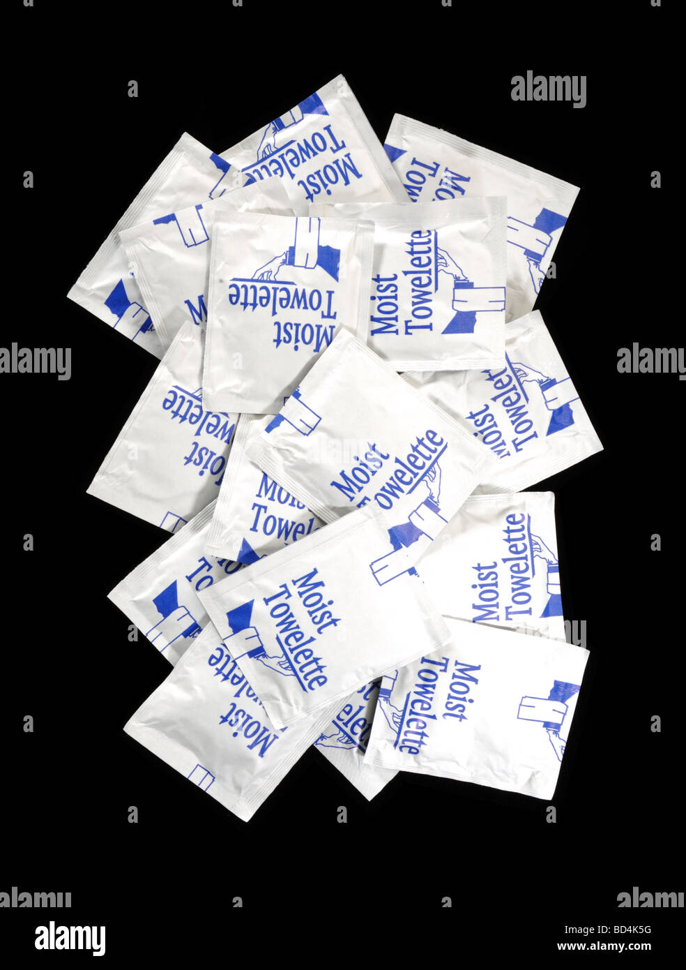 A collection of small moist towelettes Stock Photo