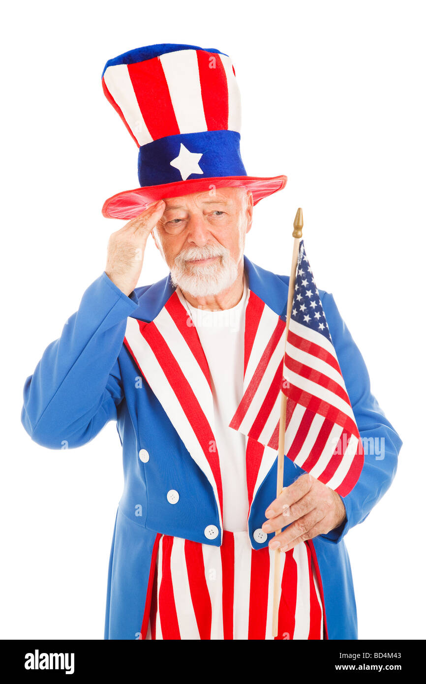 American icon Uncle Sam salutes the US flag Isolated on white Stock ...