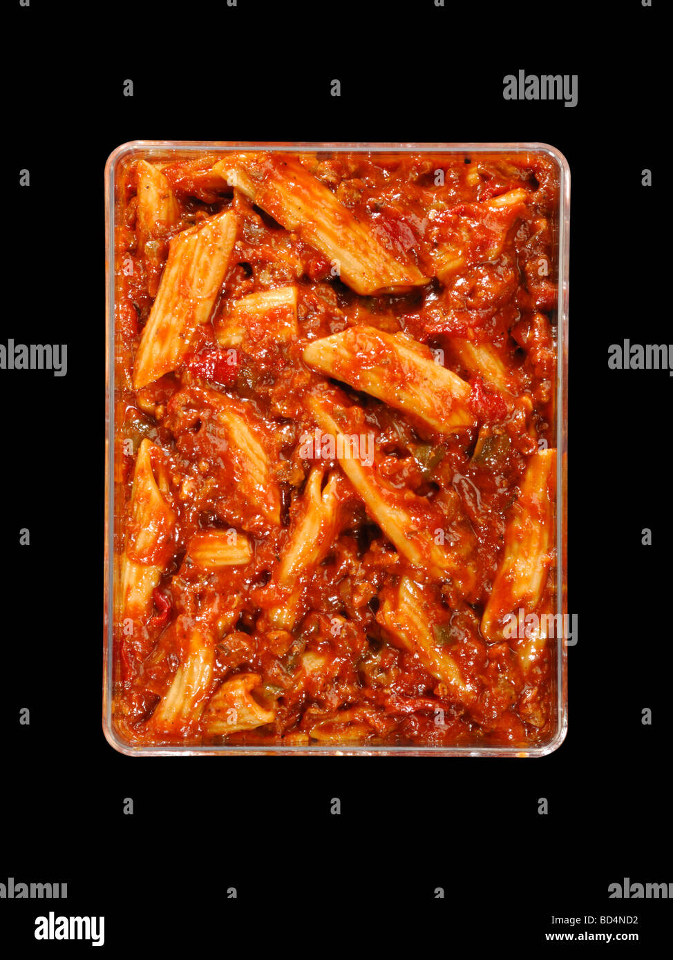 A plastic container with military food rations, pasta with meat sauce Stock Photo