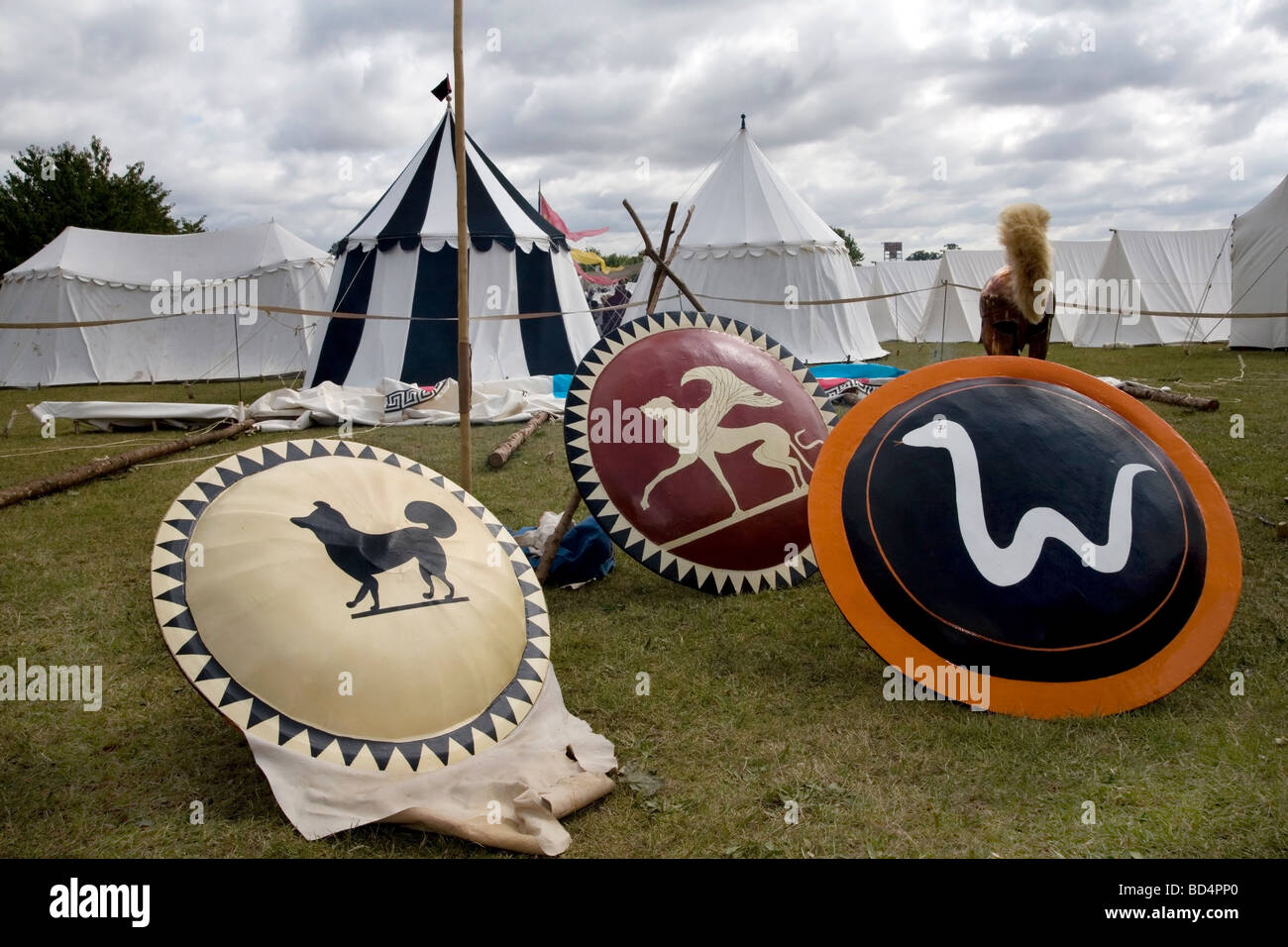Three Roman shields on display at the Colchester Military Festival in Colchester, Essex, England Stock Photo
