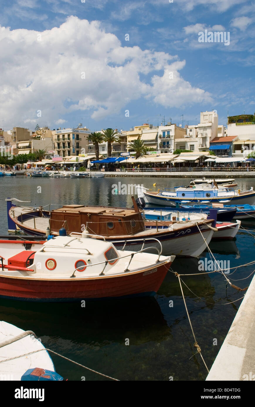 Boats on Lake Voulismeni Agios Nikolaos Crete Stock Photo