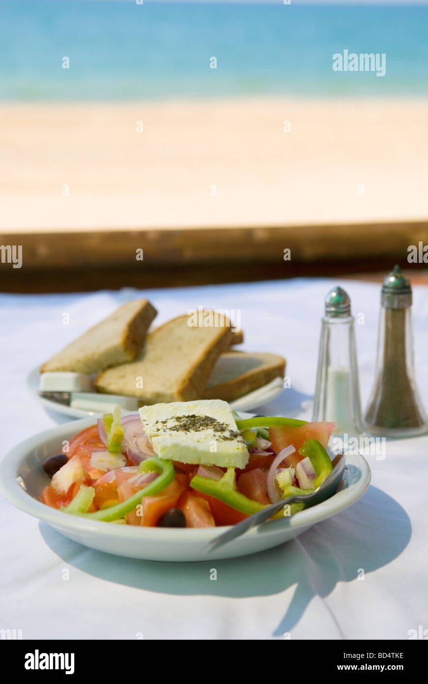 Greek Salad served in a beach side Taverna Stock Photo