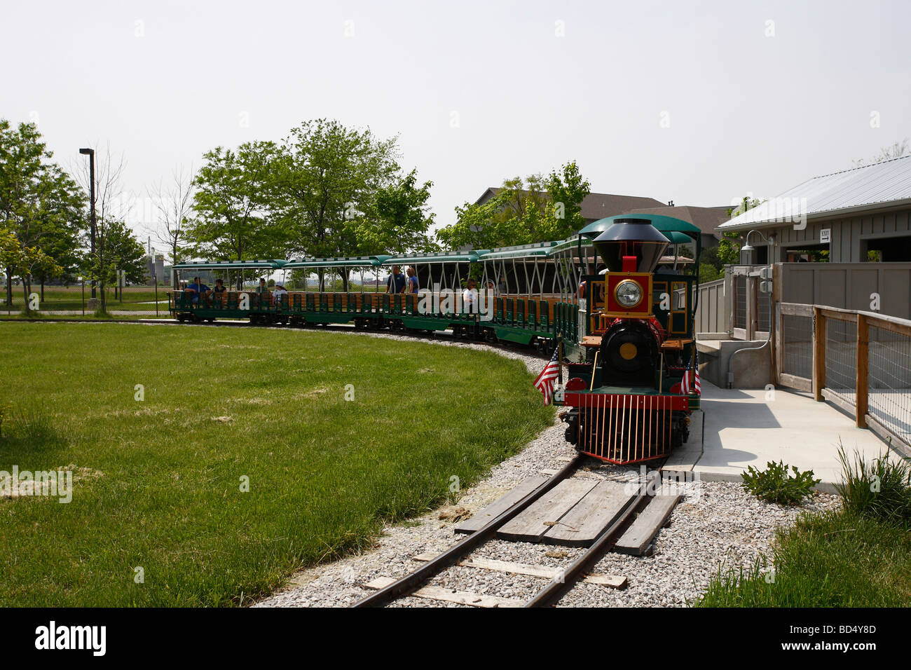 child locomotion railroad Sauder Village toy tracks train transportation wagons Stock Photo