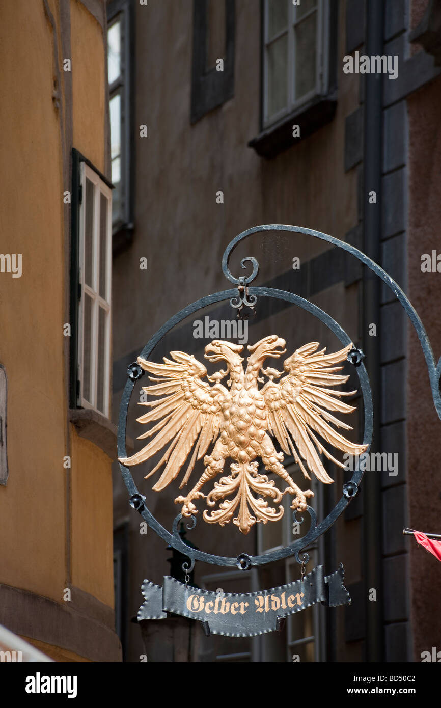 double-headed golden eagle (gelber adler) sign at the Griechenbeisl, Fleischmarkt, Vienna, Austria Stock Photo