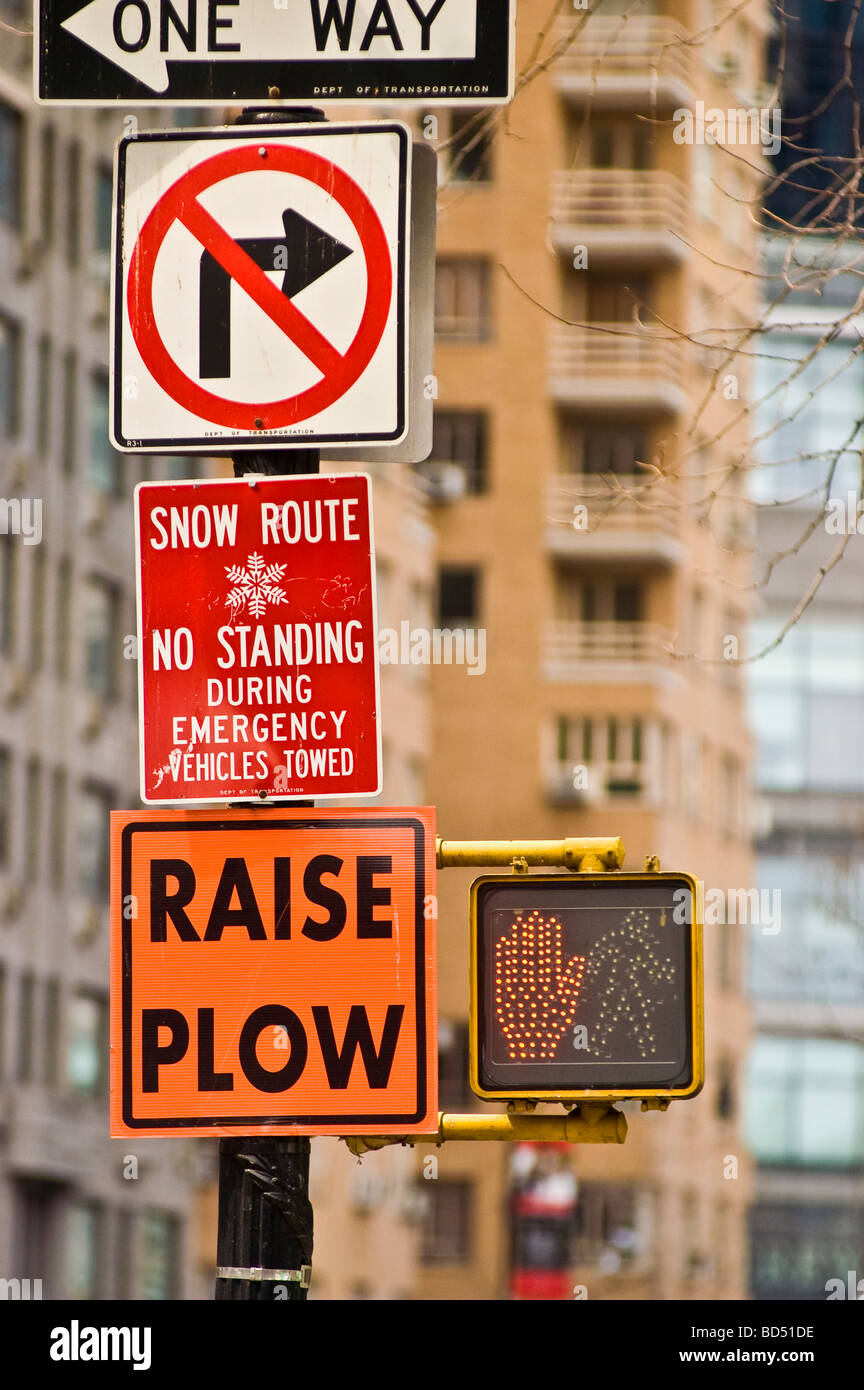 Snow route raise plow sign central park hi-res stock photography and