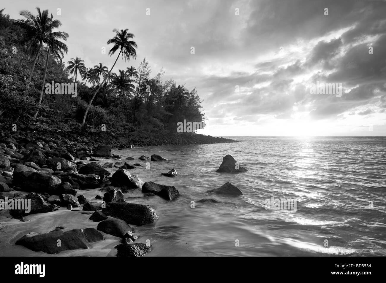 Sunset at Kee Beach with palm trees Kauai Hawaii Stock Photo