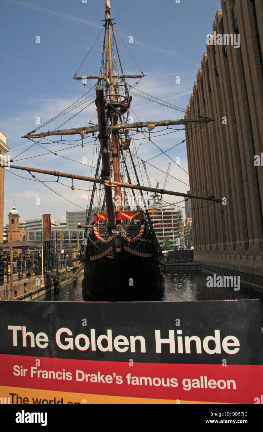 The Golden Hinde replica ship, close to London Bridge, London, UK Stock
