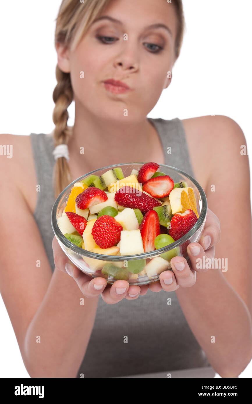 Healthy lifestyle Young woman with bowl of fruit Stock Photo Alamy