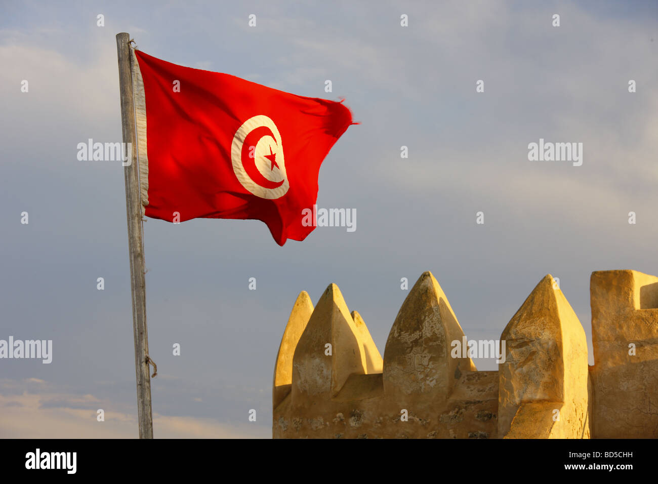 Tunisian flag, port fortification, Kasbah, old town, medina, Hammamet, Tunisia, Northern Africa Stock Photo