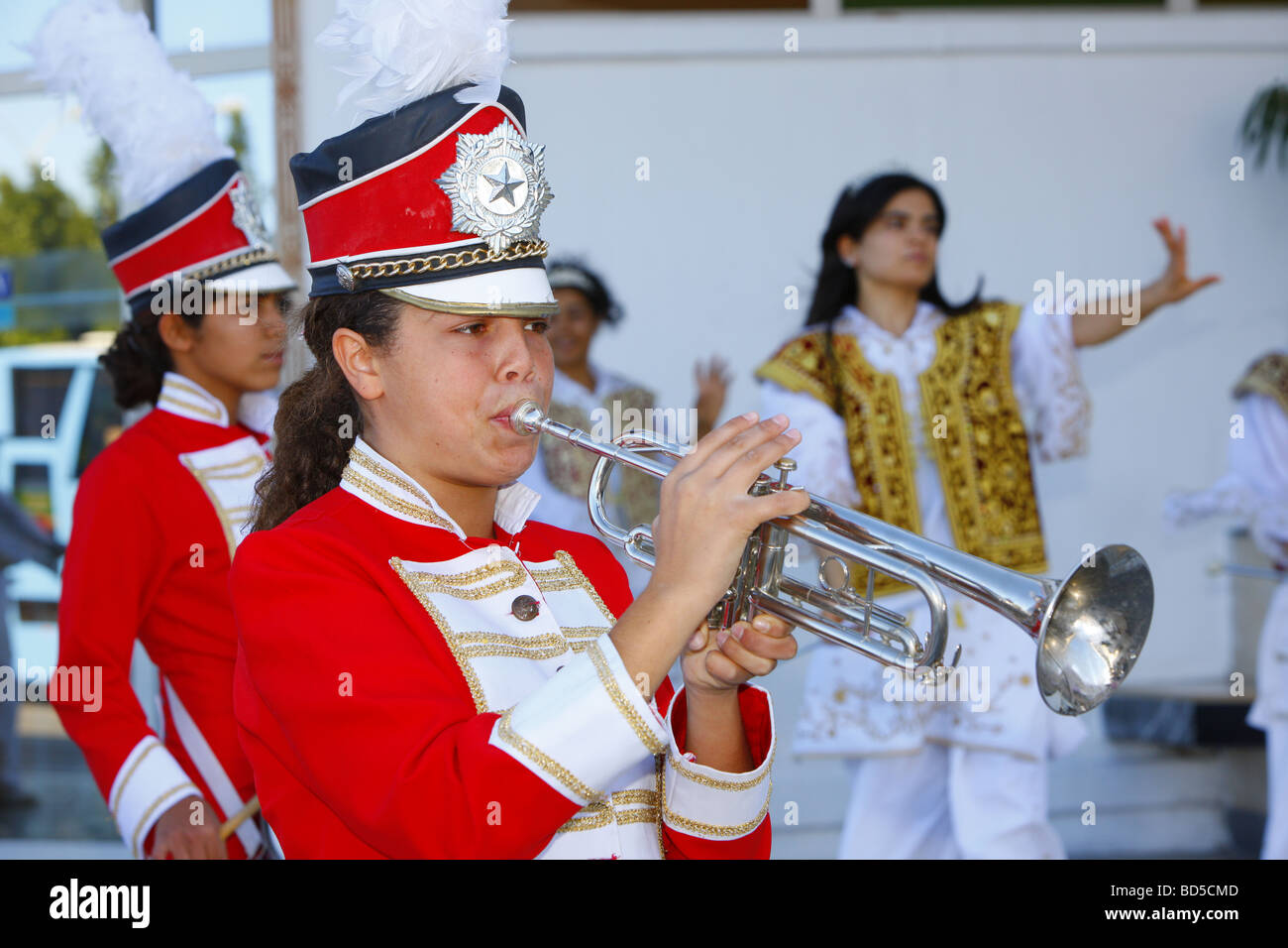 Girl with trumpet, parade, Yasmine Hammamet, Hammamet, Tunisia, Northern Africa Stock Photo