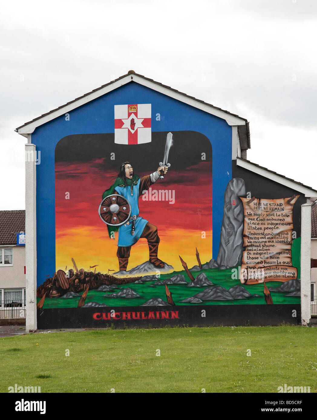 Belfast mural depicting Irish mythological hero Cuchulain (Cu chulainn), Stock Photo