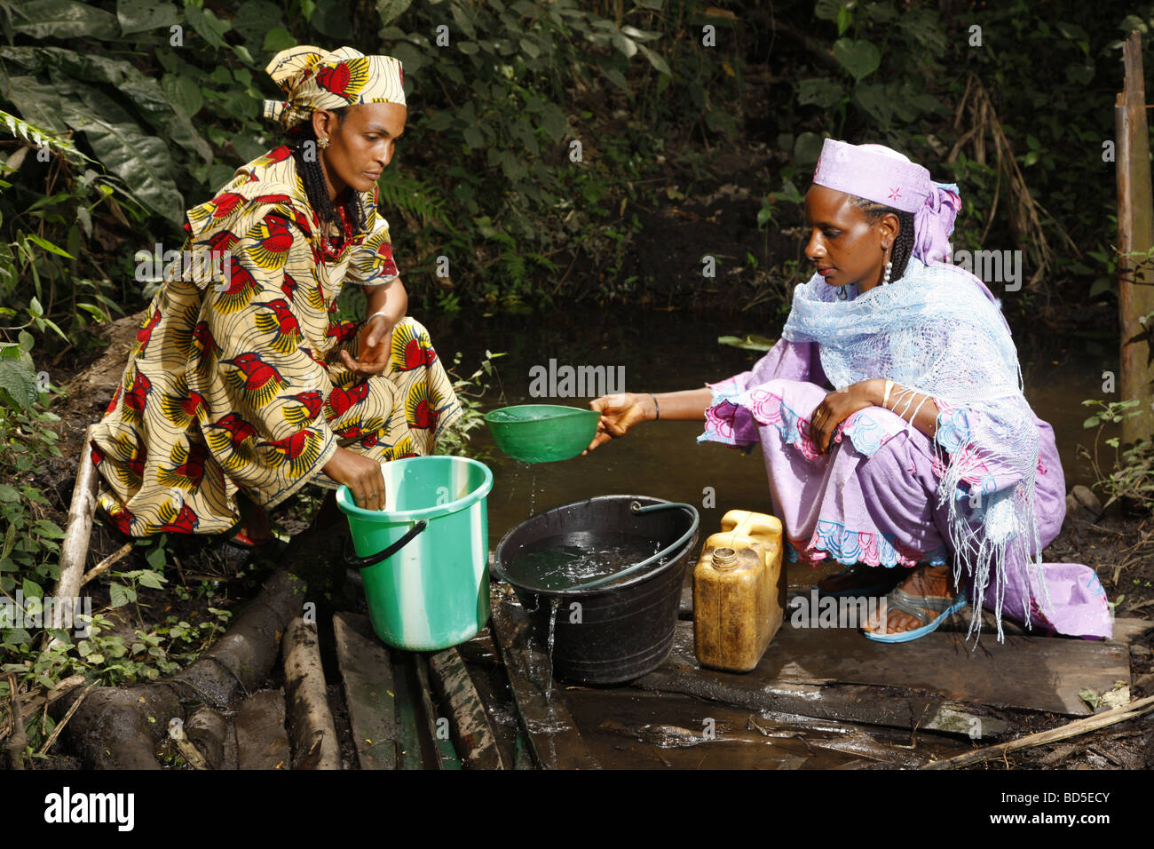 Women fetching water at the river, Mbororo ethnic group, Bamenda, Cameroon, Africa Stock Photo