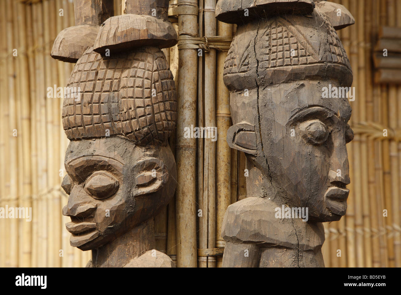 Wooden columns in the Tam-Tam House, Foumban, Cameroon, Africa Stock Photo