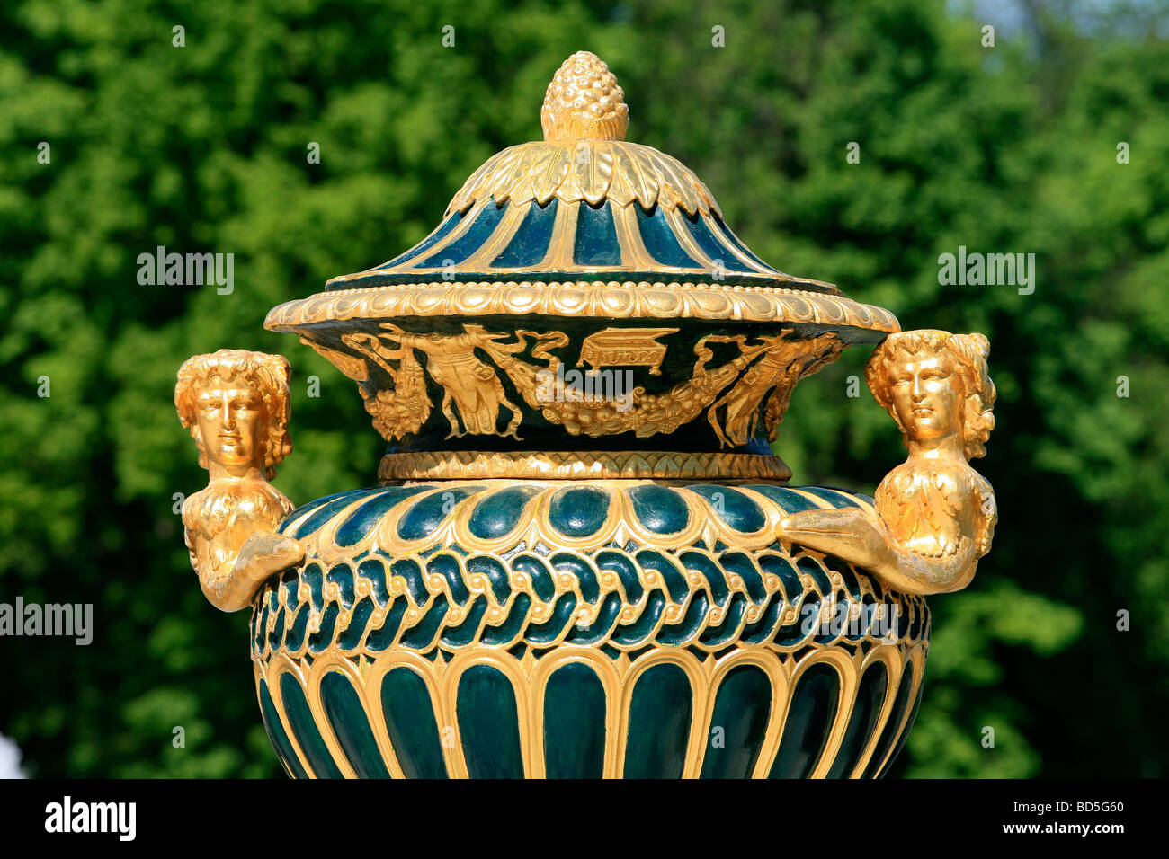 Decorated vase with handles in the Upper Gardens at the 18th century Peterhof in Saint Petersburg, Russia Stock Photo