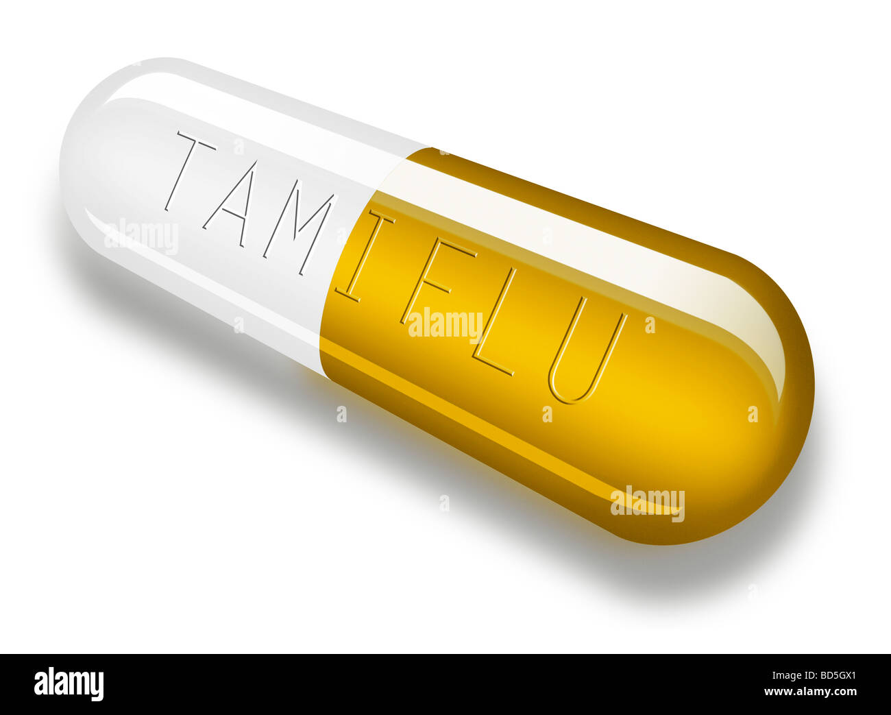 Illustration of a single Tamiflu Capsule with TAMIFLU embossed on it.  Medication for Swine and Bird Flu Stock Photo