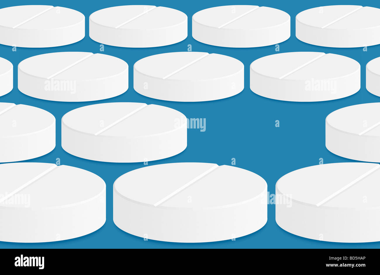Illustration of rows of pills on a blue background with one pill missing Stock Photo