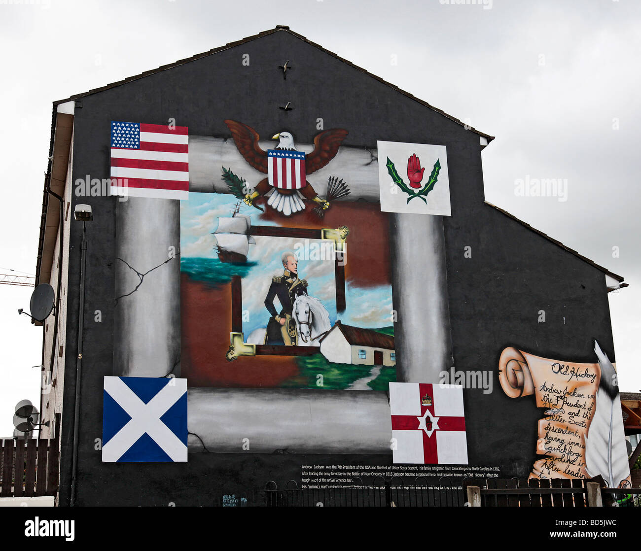 Loyallist mural in the Shankill area of West Belfast depicting Andrew Jackson, 7th president of the USA. Stock Photo