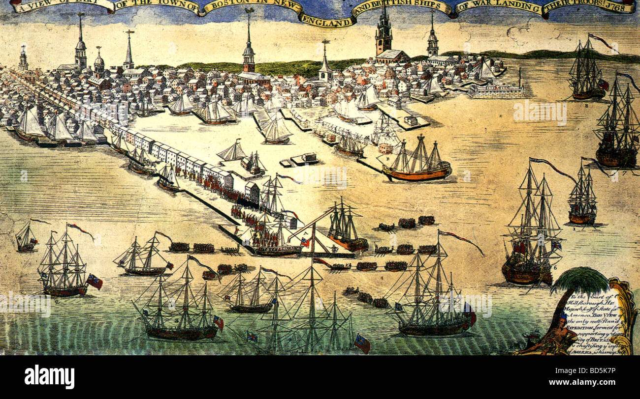 BOSTON 1768 British warships land troops at the harbour Stock Photo