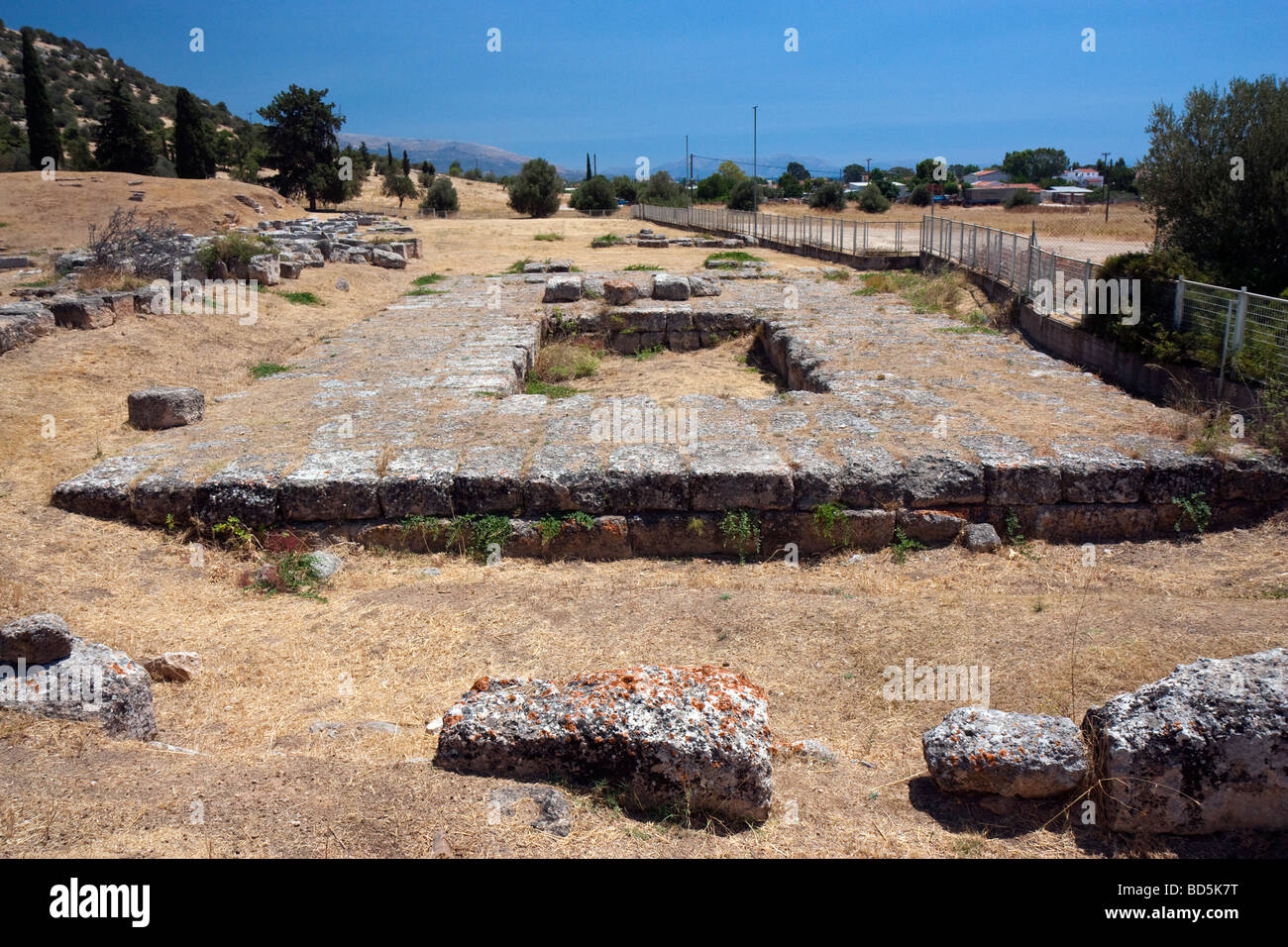 The remains of the Temple of Dionysos at Eretria, Greece, viewed from the west. Stock Photo