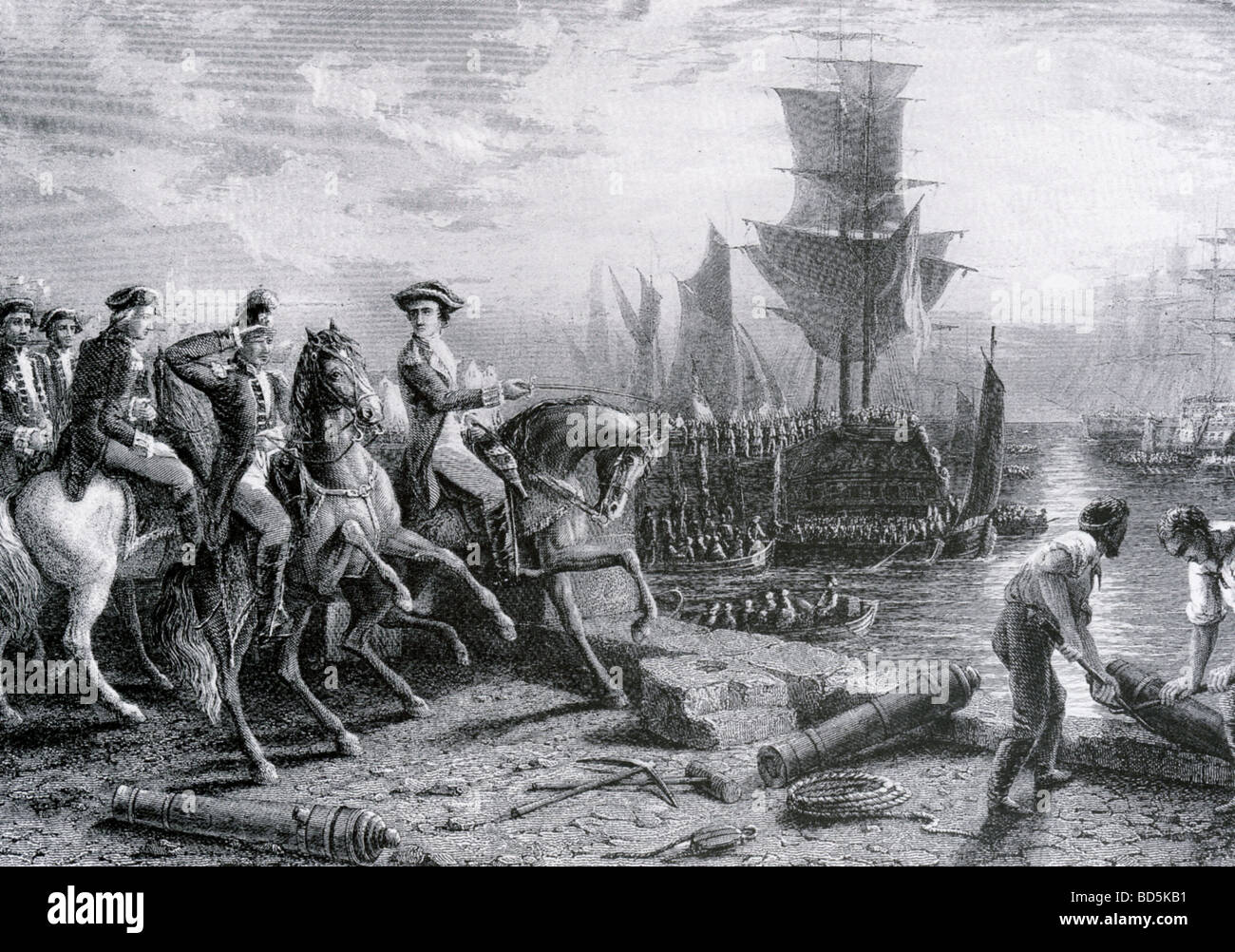 ADMIRAL RICHARD LORD orders British evacuation of Boston in March 1776 as canon are hastily sunk in the harbour Stock Photo