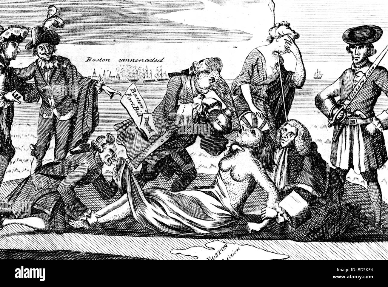 LORD NORTH forces tea down the throat of the American colonists in a