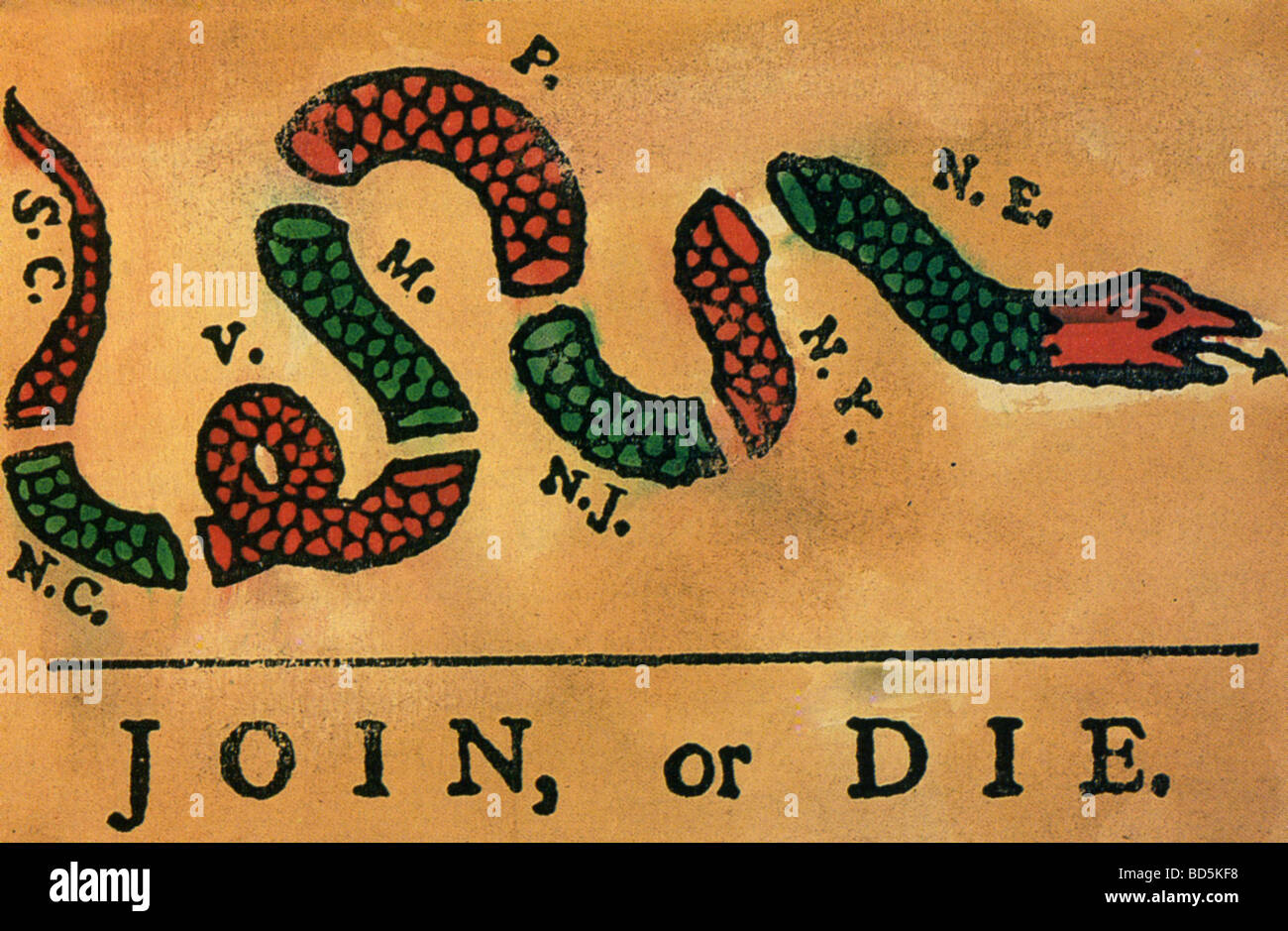 RATTLESNAKE image drawn by Benjamin Franklin urging the separate colonies to unit in the wars against the French and Indians Stock Photo