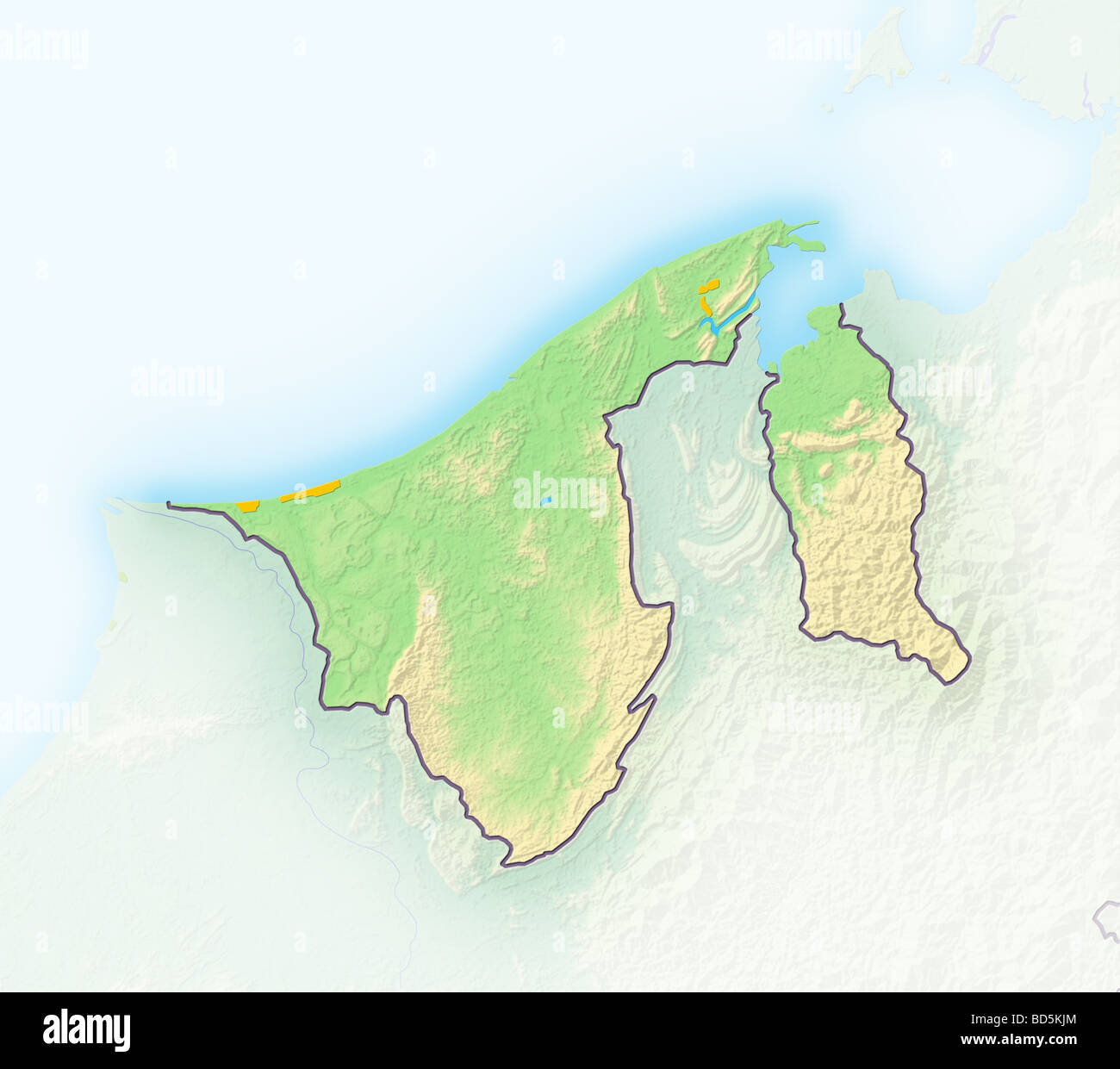 Brunei, shaded relief map. Stock Photo