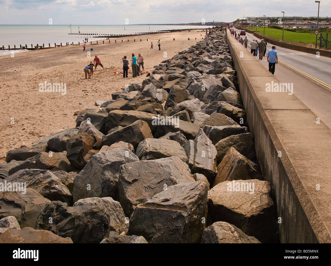 Rock armour and sea wall at South Promenade Hornsea East Yorkshire UK Stock Photo