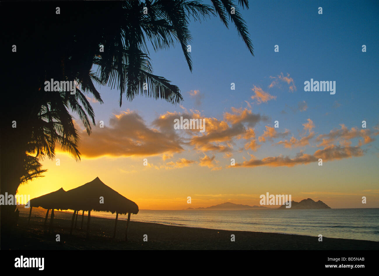 Sunrise at Kino Bay with a palapa on shore of Sea of Cortez at Kino Bay Sonora Mexico BEAN AL Pix 0112 Stock Photo