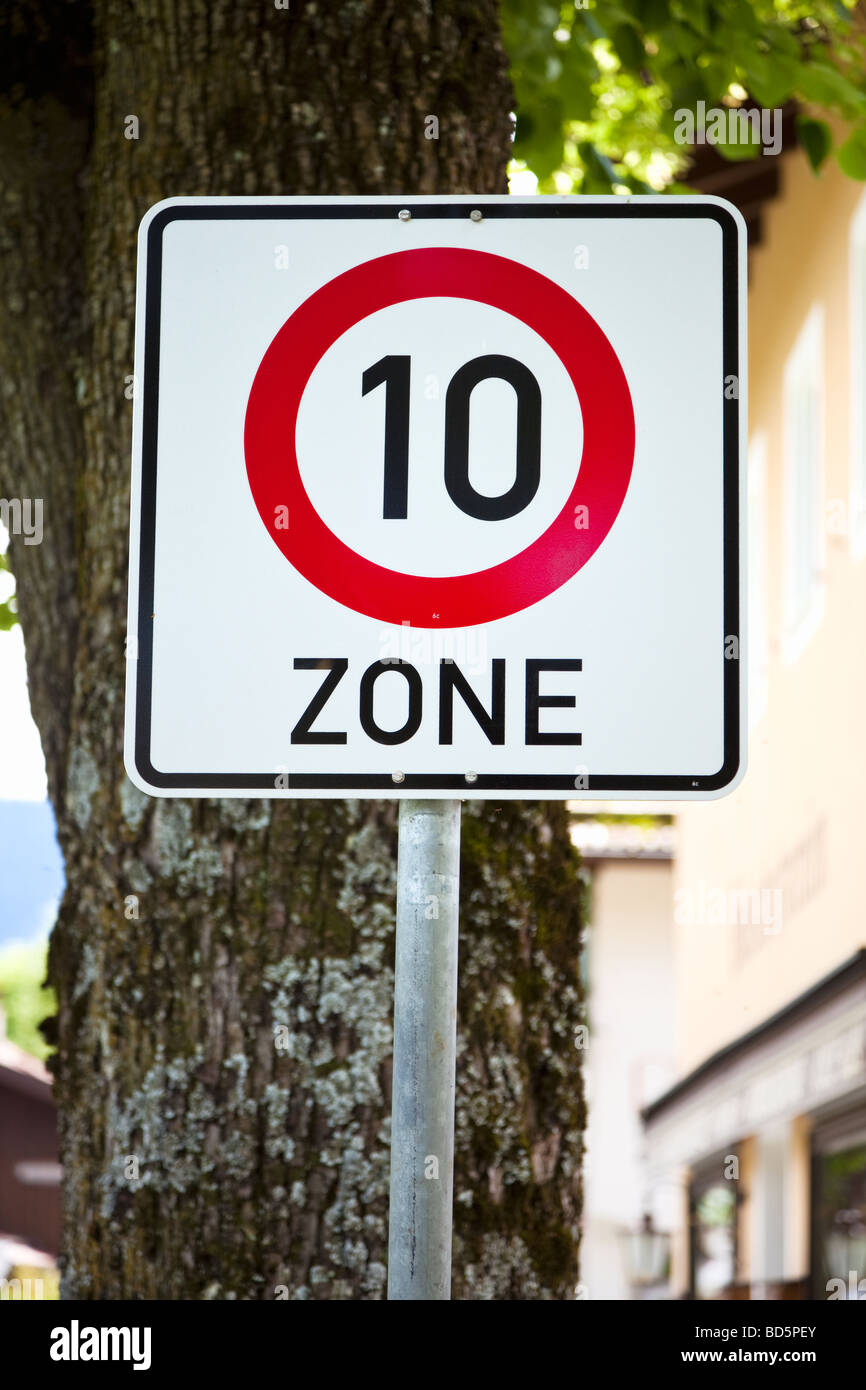 German 10 kph speed limit zone sign in a town in Germany, Europe Stock Photo