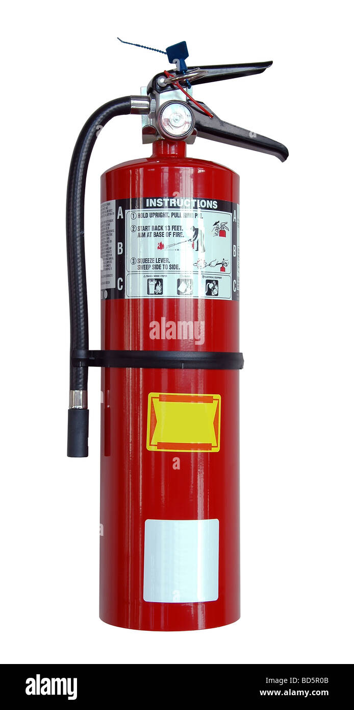 Fire extinguisher with labels isolated over a white background Stock