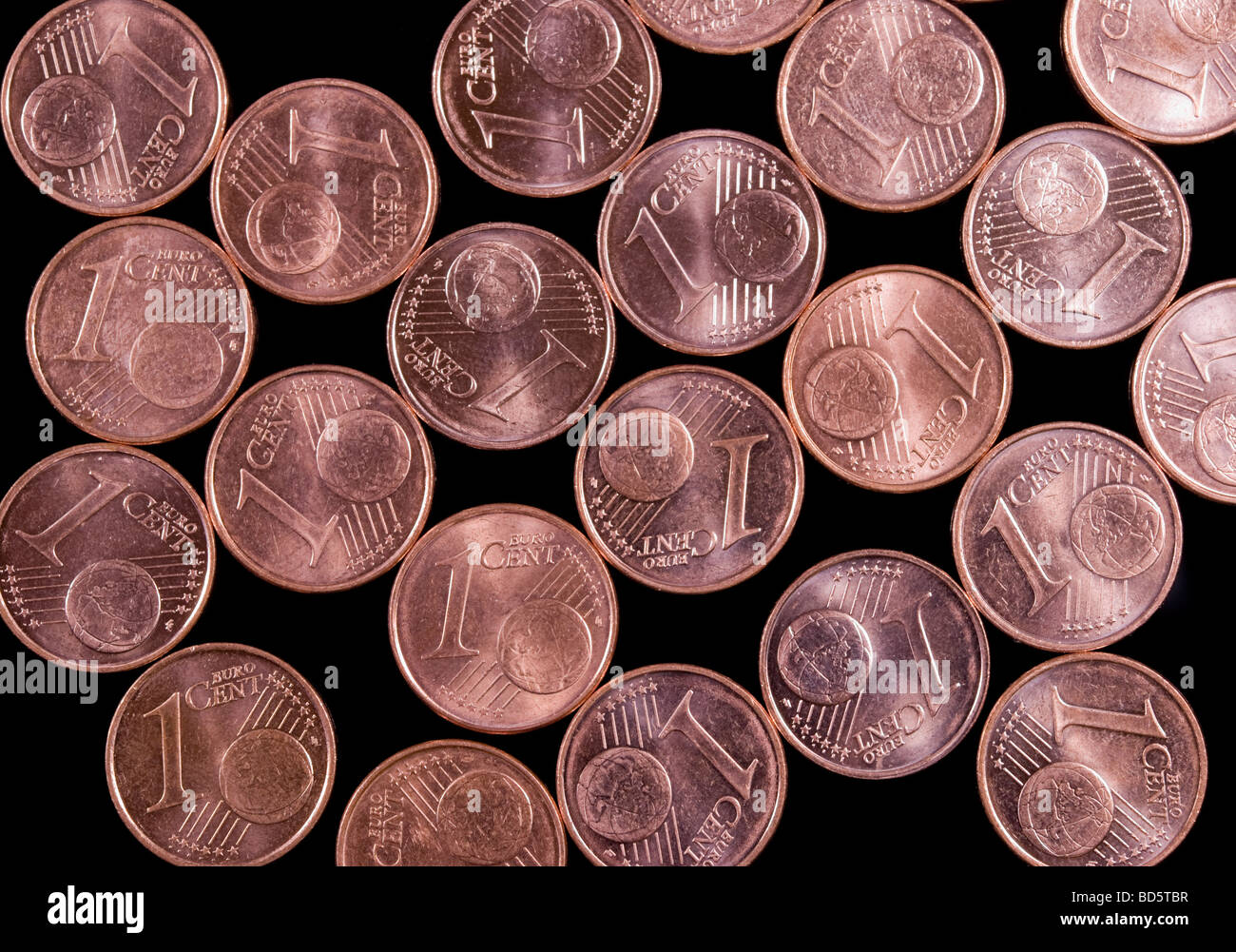 Euro cent coins arranged on black background Stock Photo