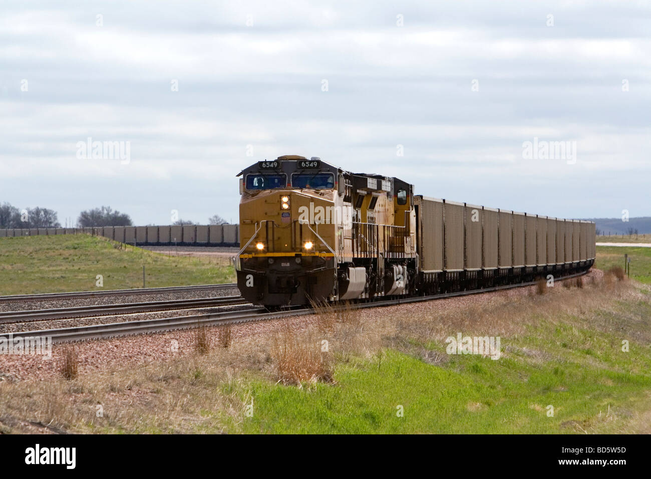 Union Pacific unit train of coal traveling near Lusk Wyoming USA Stock Photo