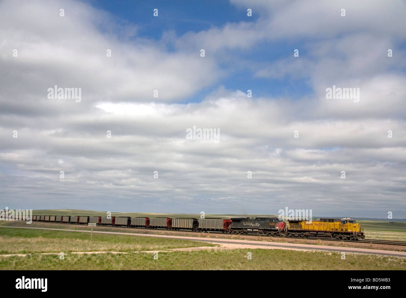 Union Pacific unit train of coal traveling near Lusk Wyoming USA Stock Photo