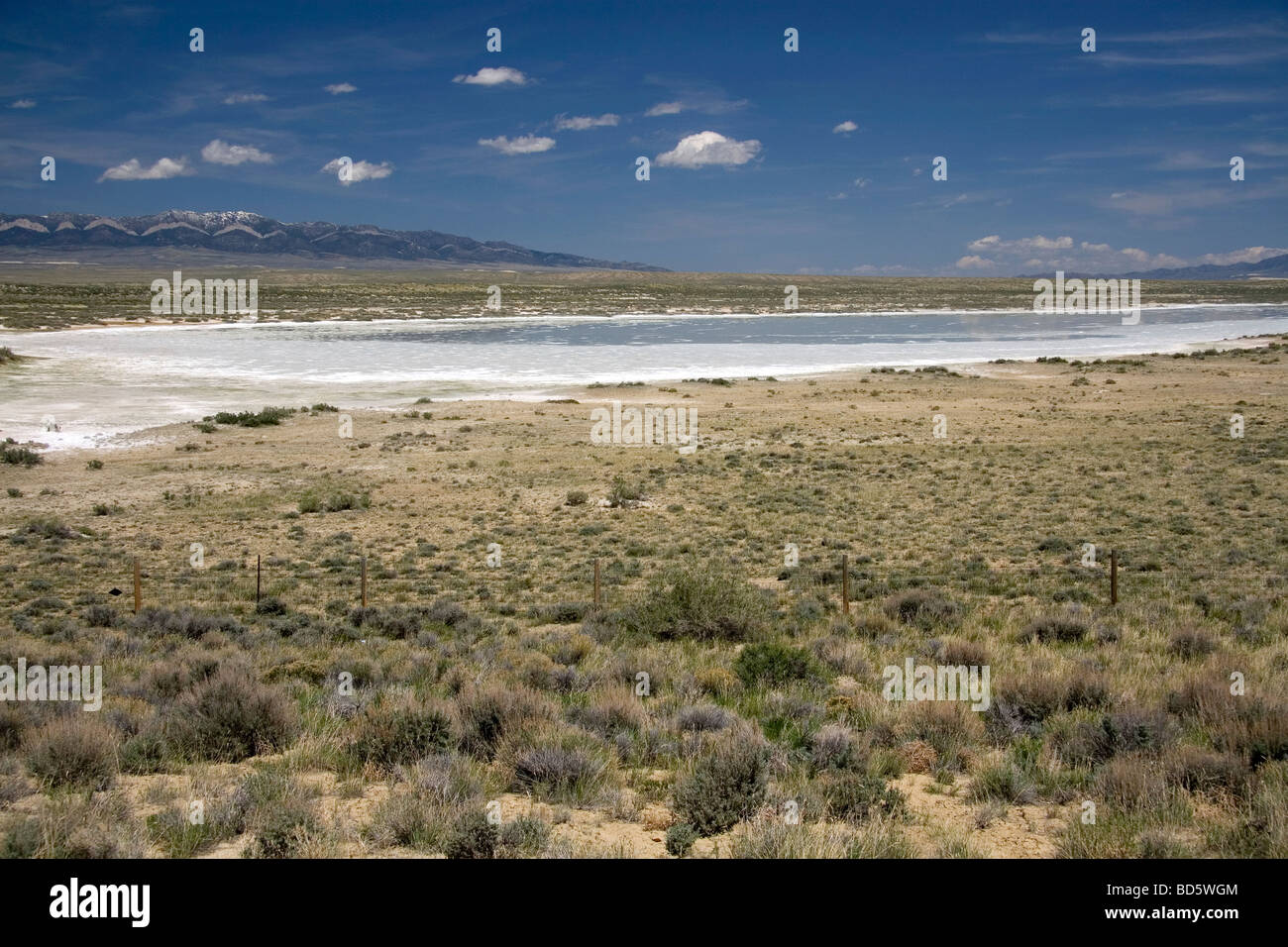 Alkaline salt evaporation pond north of Rawlins Wyoming USA  Stock Photo