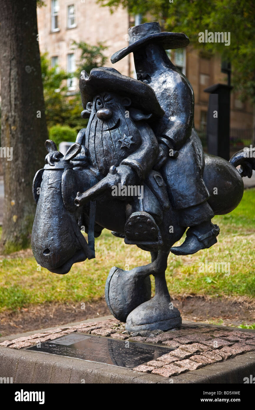 Statue of the cartoon character Lobey Dosser a character with a cowboy created by newspaper cartoonist Bud Neill, Glasgow, Scotland, UK, Great Britain. Stock Photo